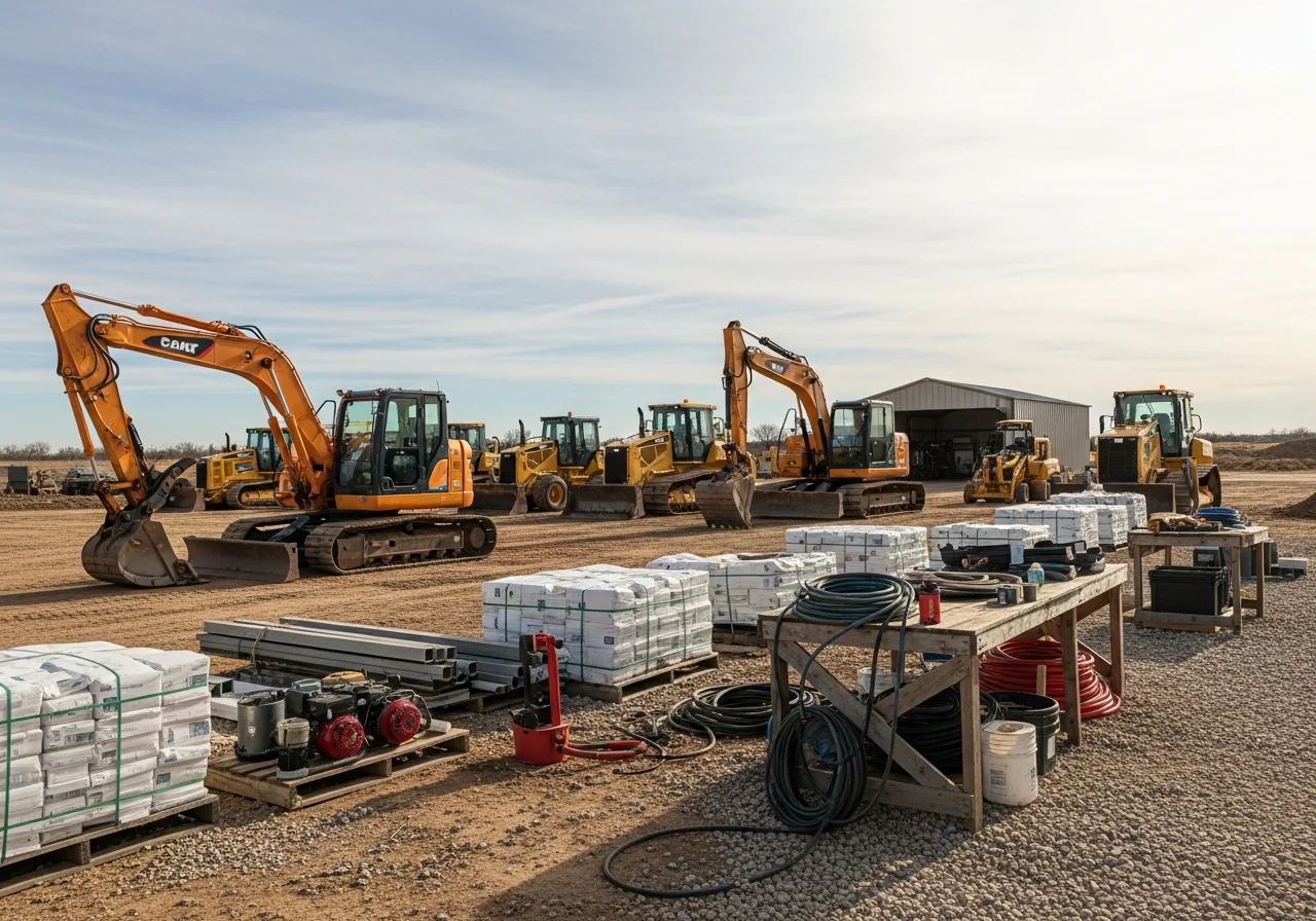 Heavy equipment and machinery on a construction site, showcasing the tools and fleet used for foundation work and land preparation.