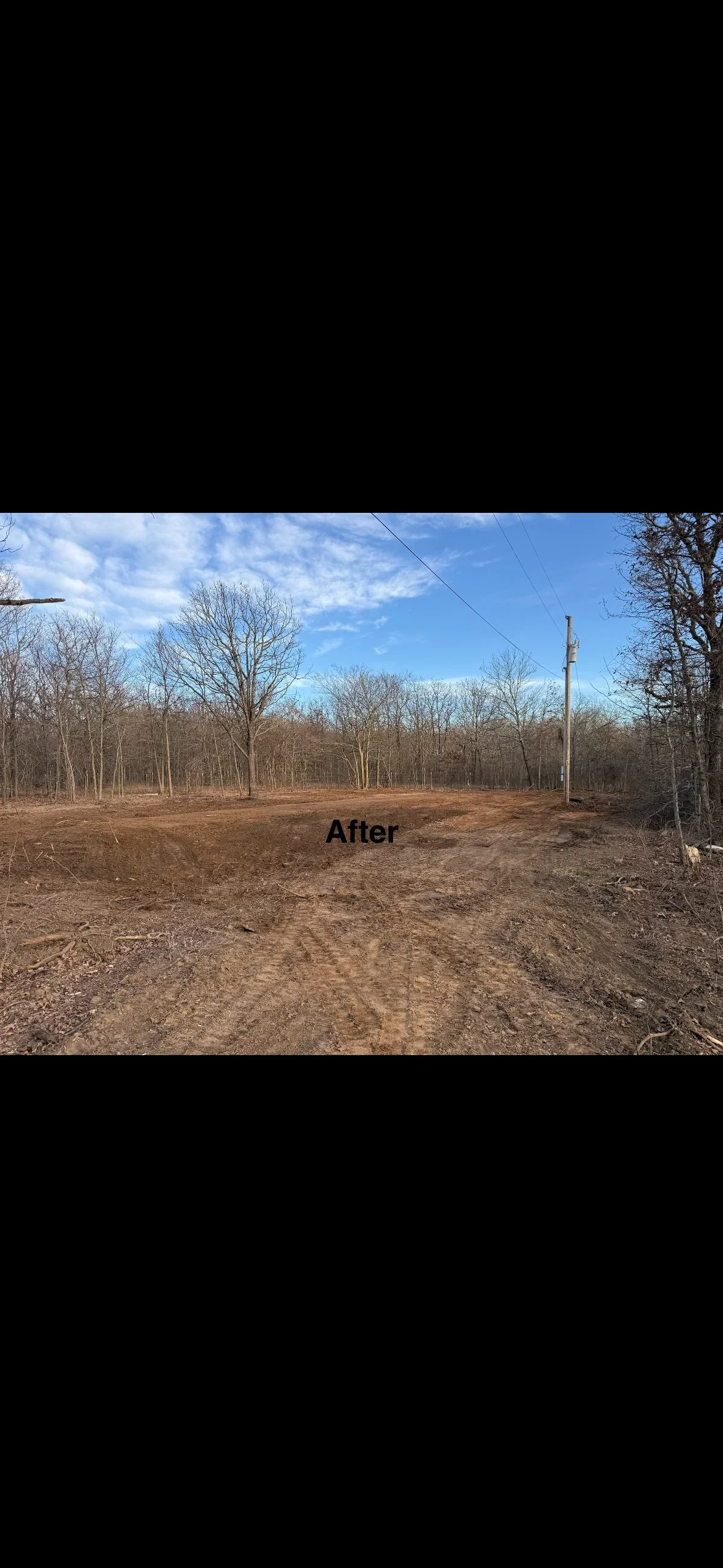 Cleared lot with graded soil, bare trees in background, utility pole visible
