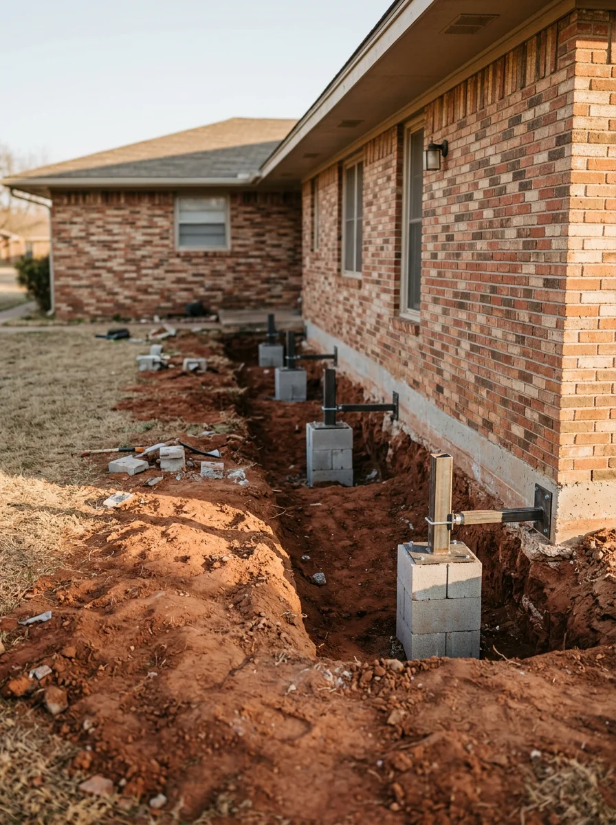 Concrete pier installation for foundation support on a Choctaw home built on expansive clay soil