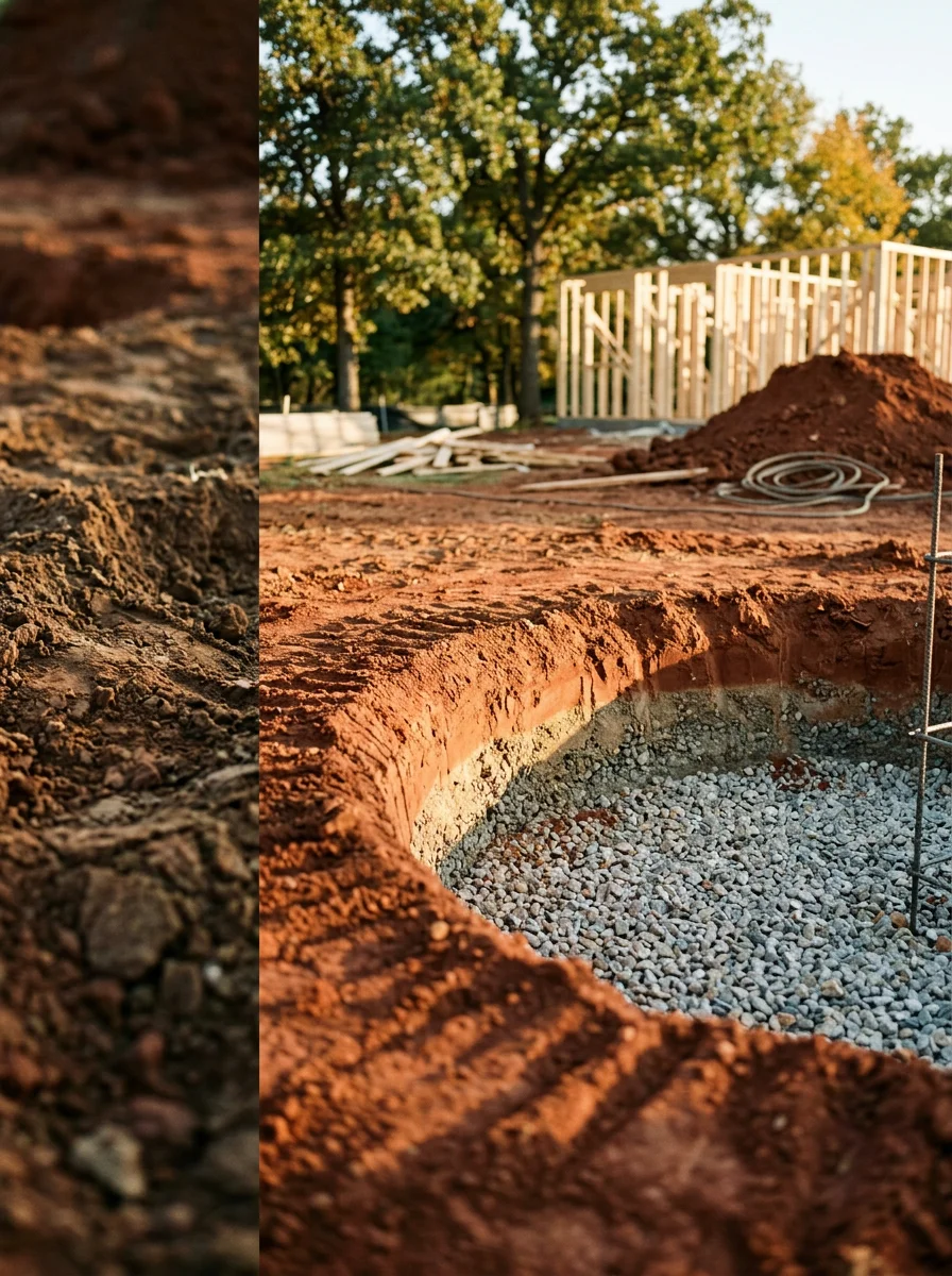 Concrete pier installation on a new home site in Edmond showing proper compaction and drainage setup