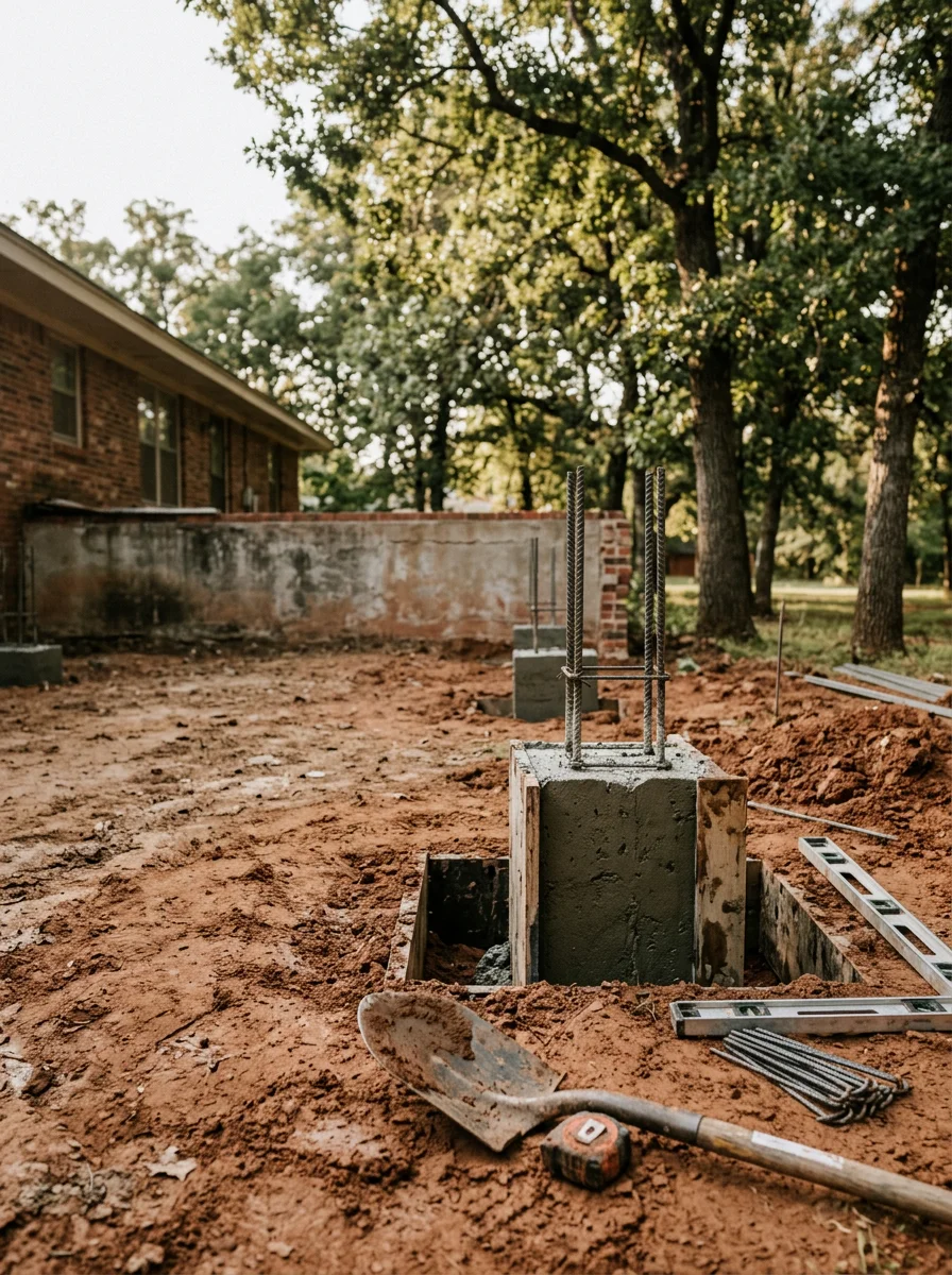 Concrete pier installation on an El Reno property with expansive clay soil and mature trees