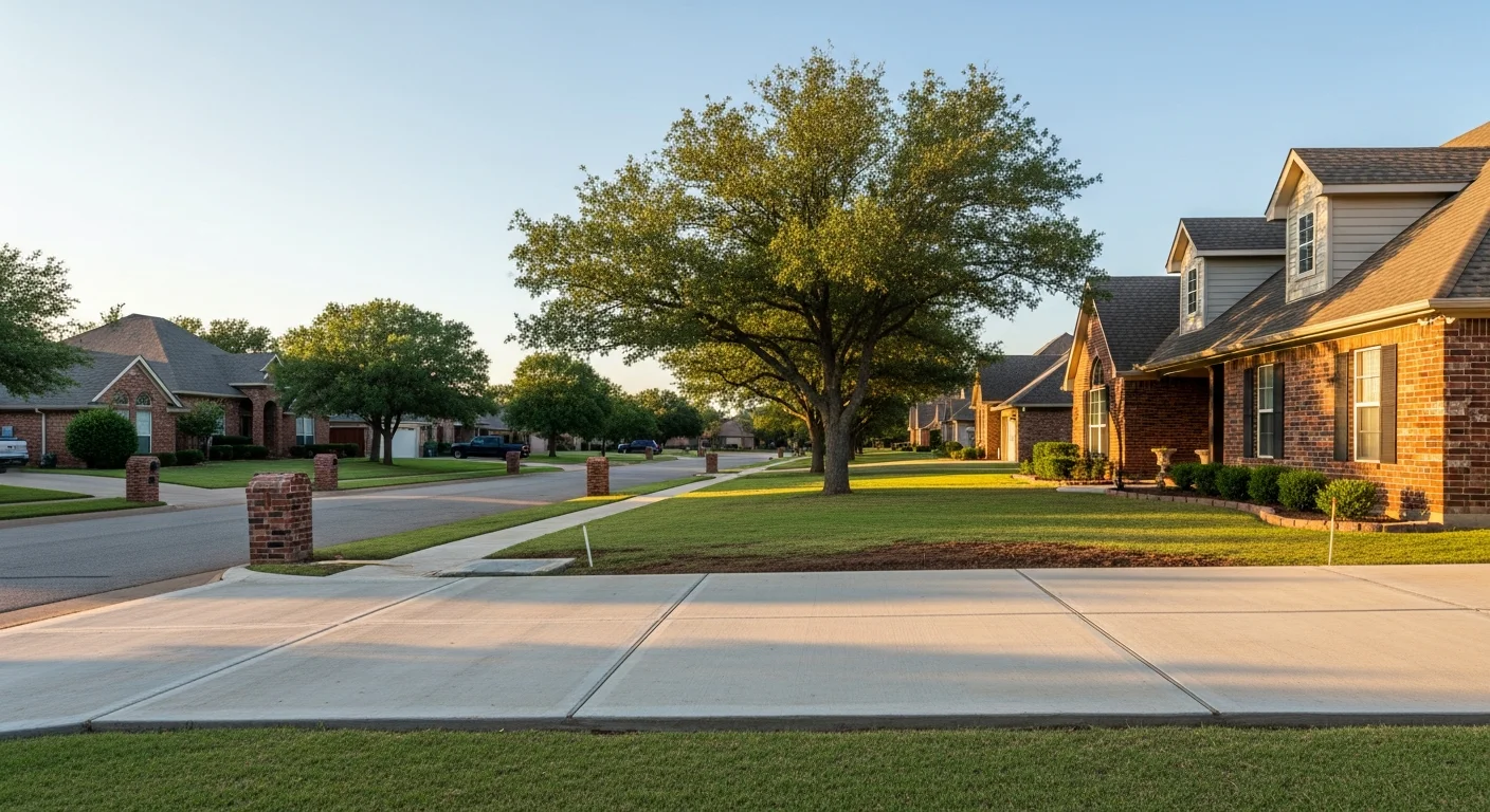A residential street in Jones, OK with well-maintained homes and green lawns under clear Oklahoma sky.