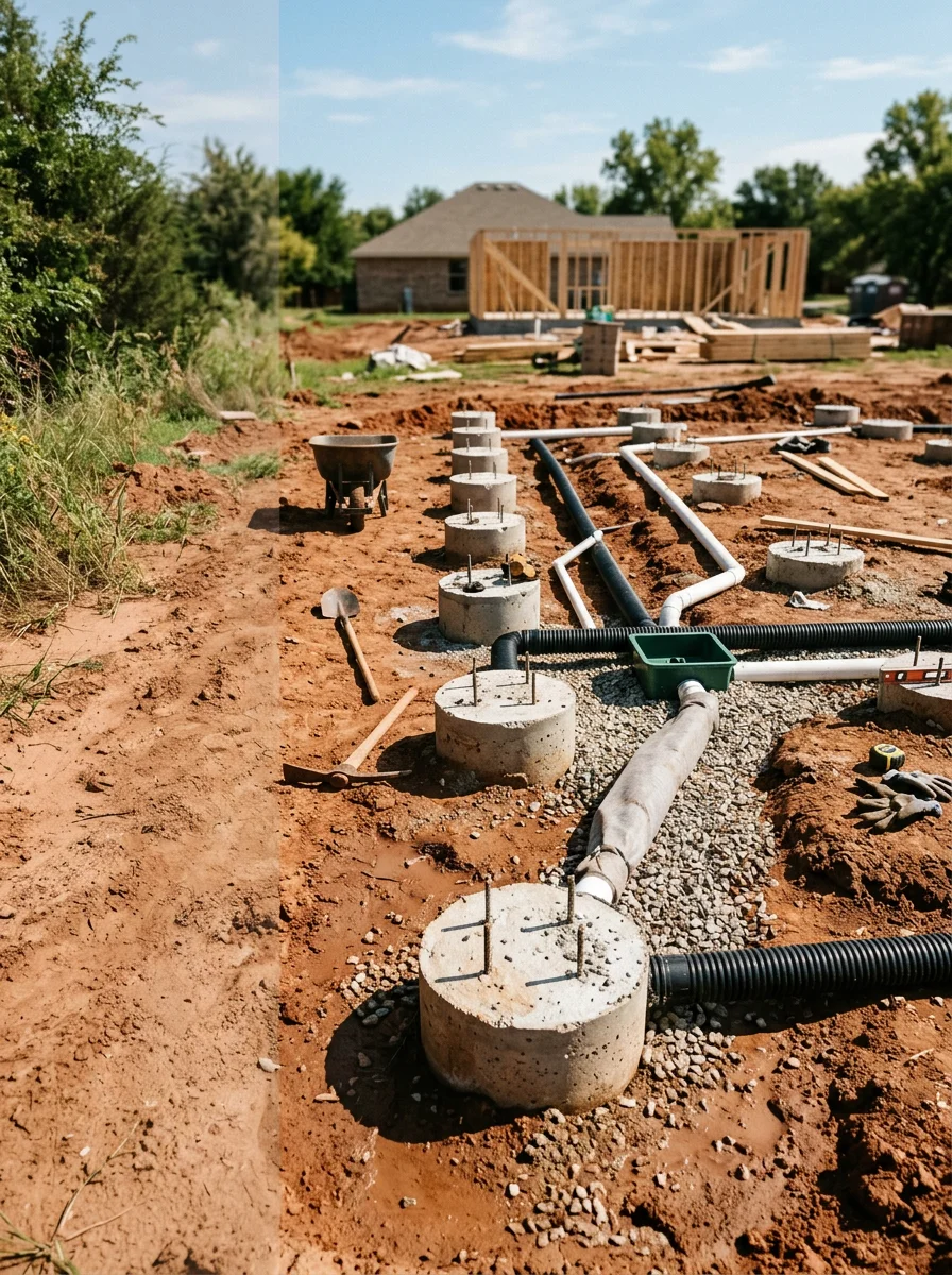 Concrete pier installation and drainage system in Moore residential foundation project