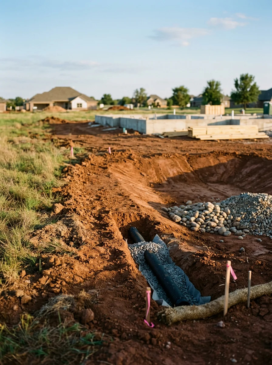 Drainage system and retention pond installation for foundation protection in Norman's heavy summer rainfall climate