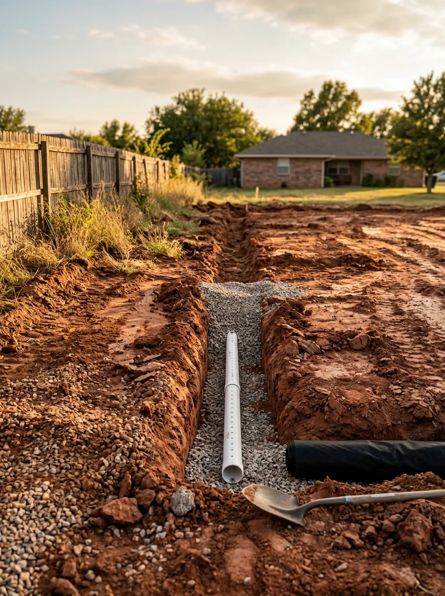 Site preparation and drainage system work on a Shawnee residential property