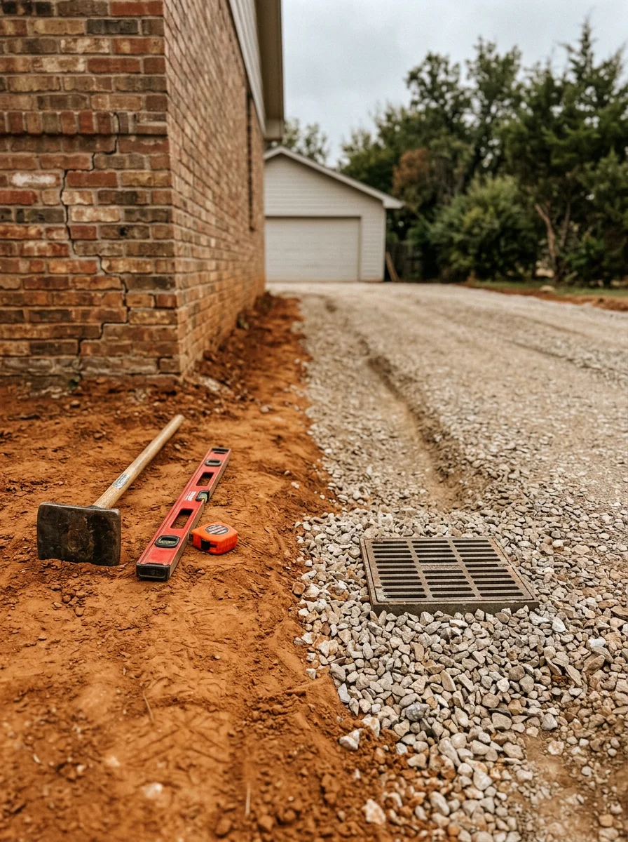 Drainage system and gravel driveway installation in Stillwater showing proper grading to direct water away from foundation