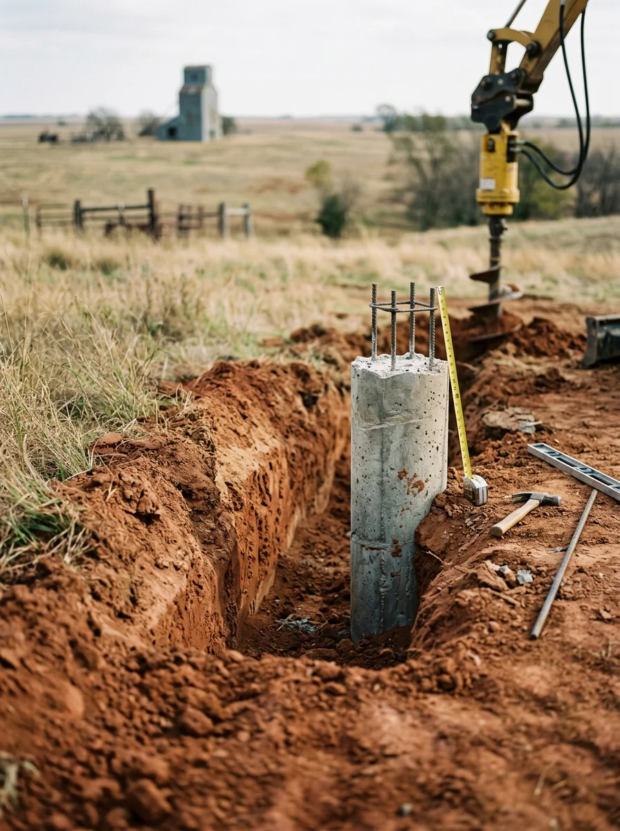 Concrete pier installation on a Wellston foundation showing proper depth below the active clay soil zone