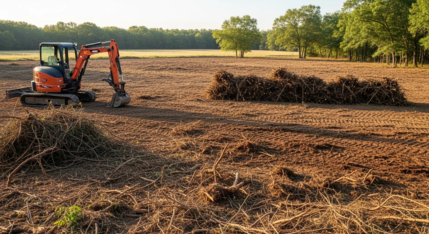 A Jones, Oklahoma residential lot after brush and vegetation removal by an excavating contractor, showing cleared ground with root-level debris removed and open soil ready for site preparation.