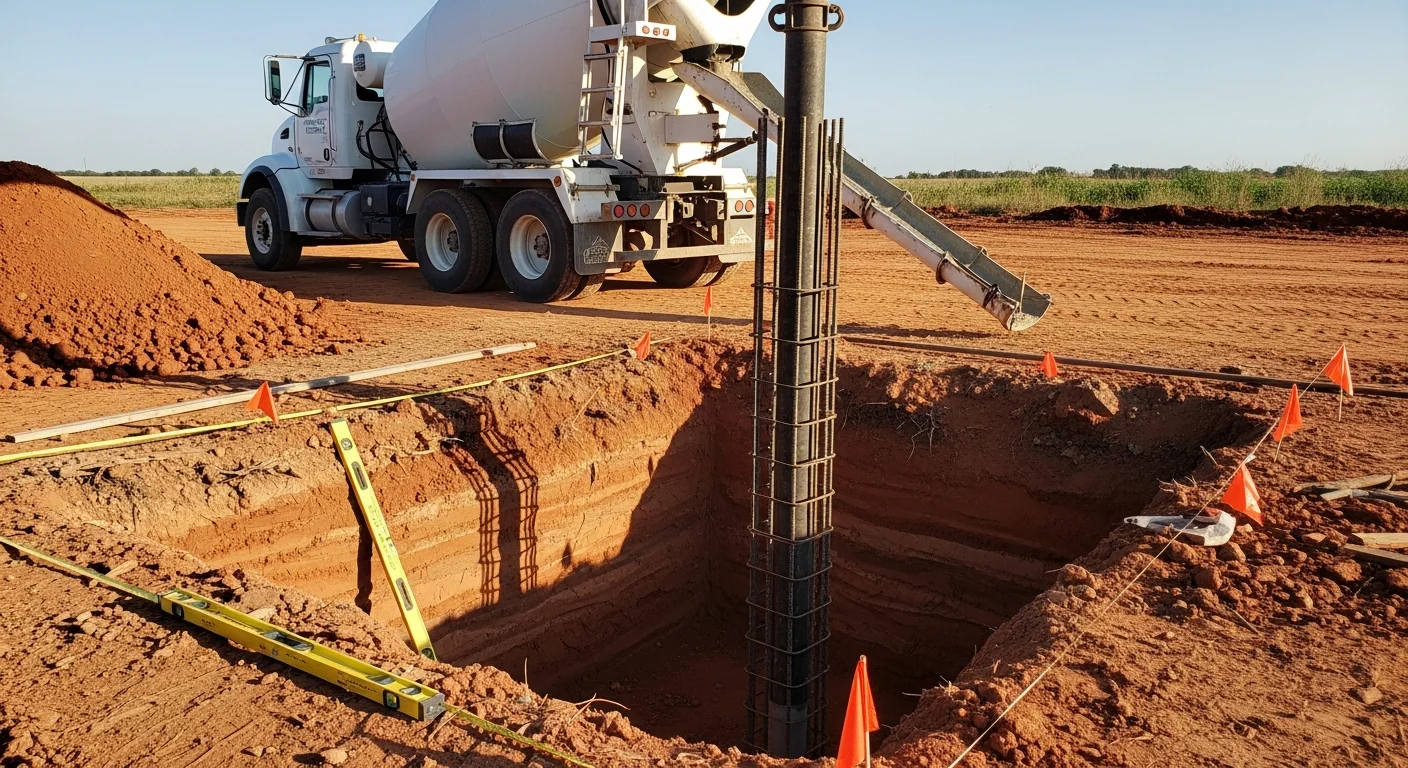 Concrete pier installation in progress at a residential home in Jones, Oklahoma, with excavated footing exposed and pier columns set beneath the foundation. Close-up view shows the support structure positioned below the slab to address clay soil settlement.