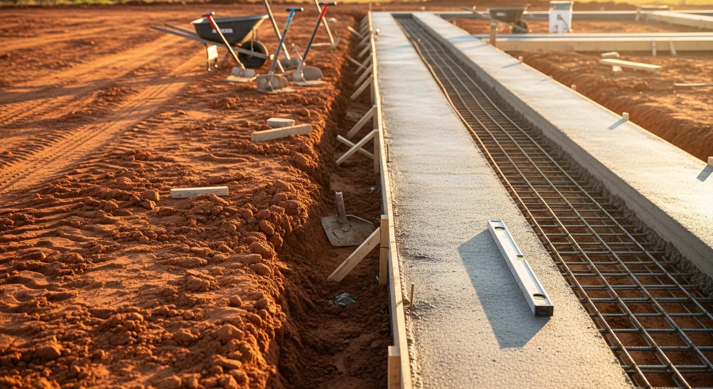Freshly poured concrete runners installed along the full length of a manufactured home frame on a Jones, Oklahoma residential lot. Steel rebar is visible at the runner edges, with compacted soil prepared beneath the beams.