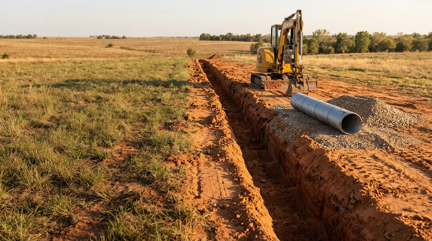 A freshly installed corrugated culvert pipe set beneath a rural gravel driveway in Jones, Oklahoma, with graded soil and a roadside drainage ditch visible on either side.