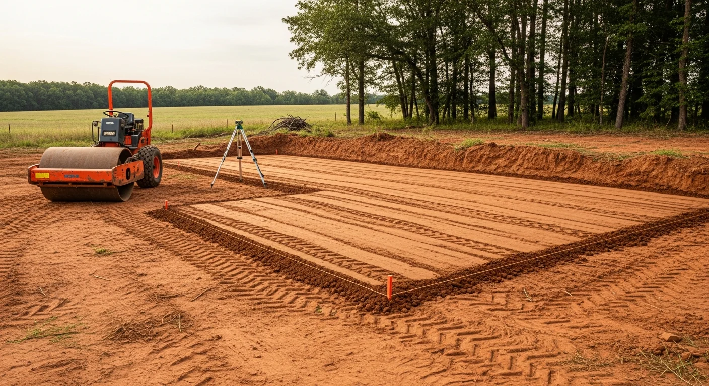 A freshly graded and compacted dirt pad on a residential lot in Jones, Oklahoma, with level fill soil prepared and ready for foundation or slab placement. The surrounding terrain shows typical Oklahoma red clay soil with the site graded to slope water away from the pad area.