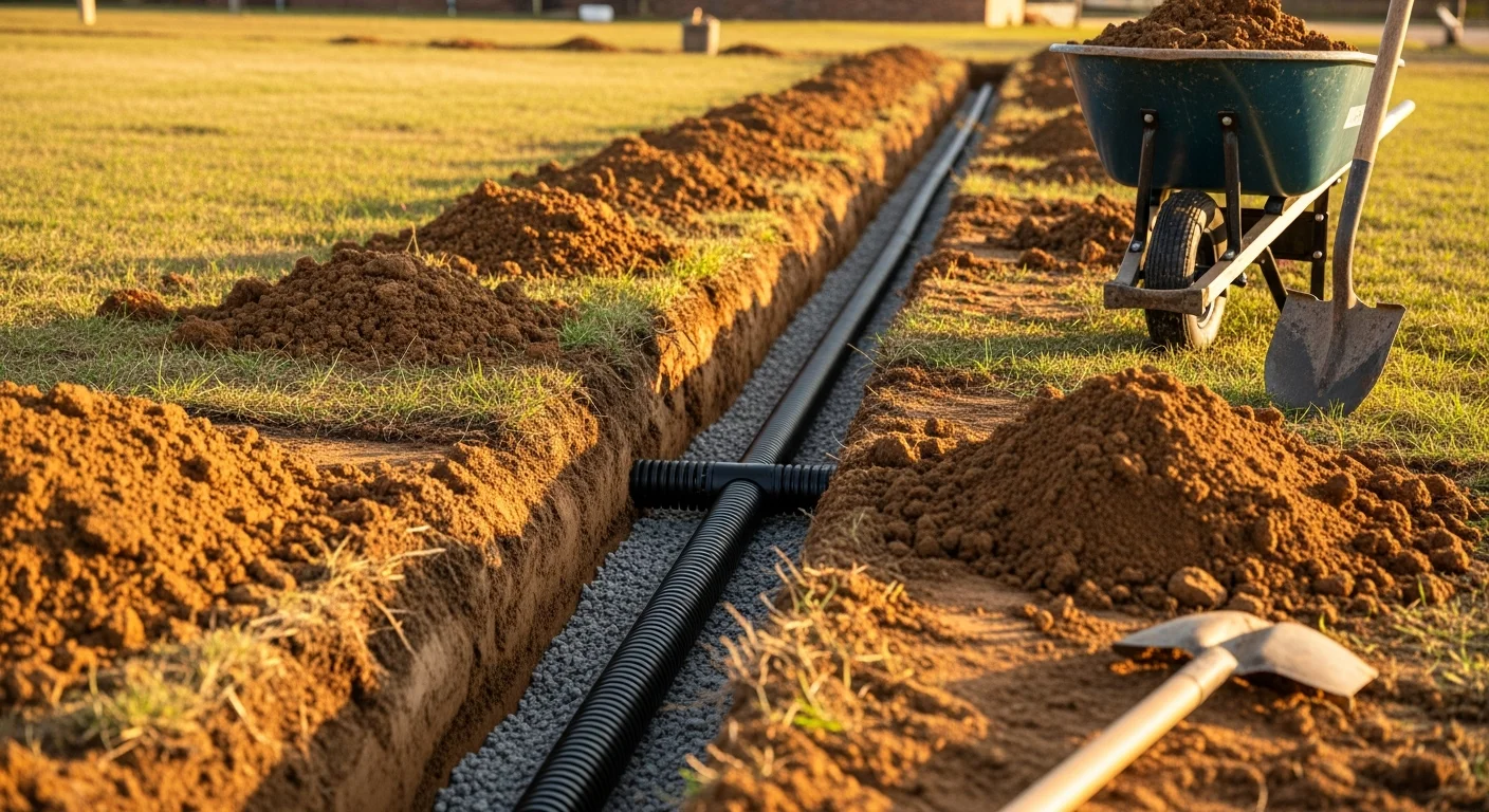 A newly installed residential drainage system with trenched pipe and graded soil on a rural property in Jones, Oklahoma. Clay-heavy yard with corrected water flow path leading away from the home foundation.