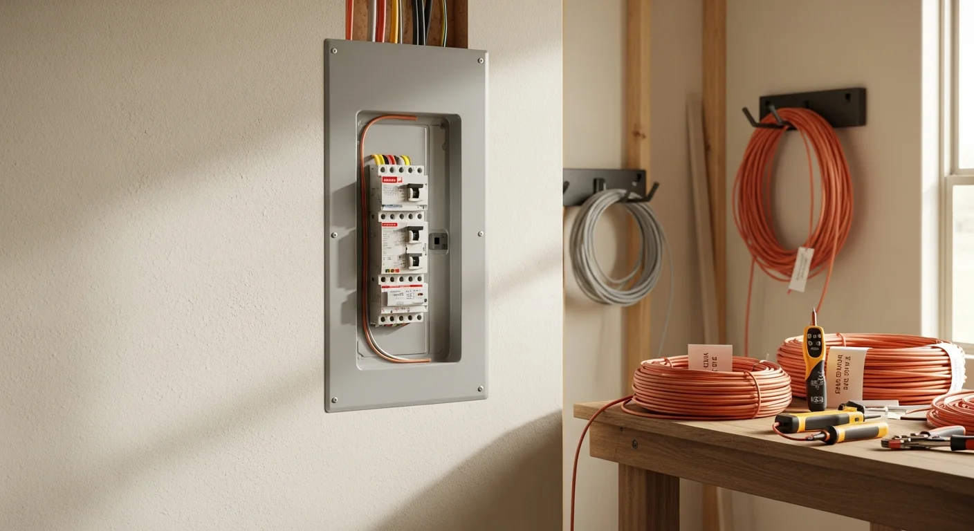 A licensed electrician installs a residential electrical panel and branch circuit wiring inside a newly framed home in Jones, Oklahoma. Wiring runs are organized through wall studs with dedicated circuits labeled for appliances, HVAC, and exterior outlets.