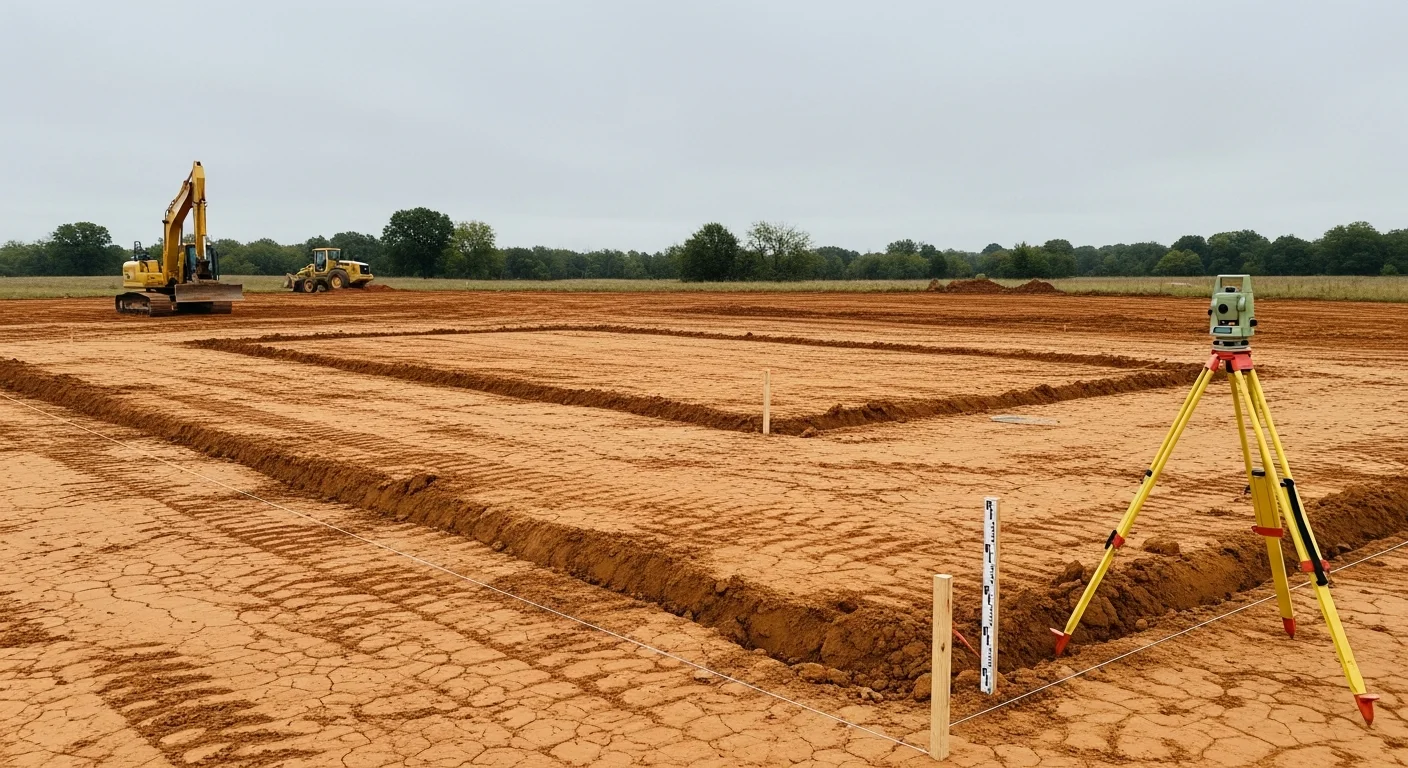 A tracked excavator digging a foundation trench on a residential lot in Jones, OK, with red clay soil piled to the side and a cleared building pad visible in the foreground.