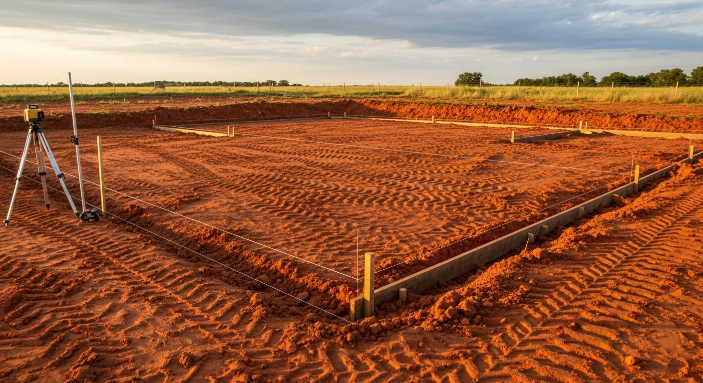 A freshly graded residential lot in Jones, Oklahoma with smooth, sloped soil surface ready for sod or concrete. An excavating contractor's equipment sits at the edge of the graded area near a new home foundation.