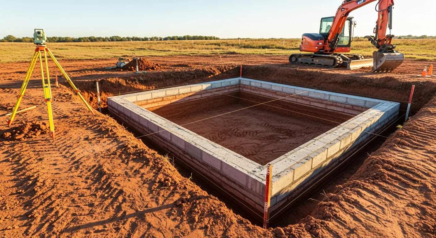 A foundation excavation site in Jones, Oklahoma showing a cleanly cut rectangular pit with graded walls and exposed soil ready for concrete forming. Heavy equipment sits at the edge of the excavated area on a residential lot.