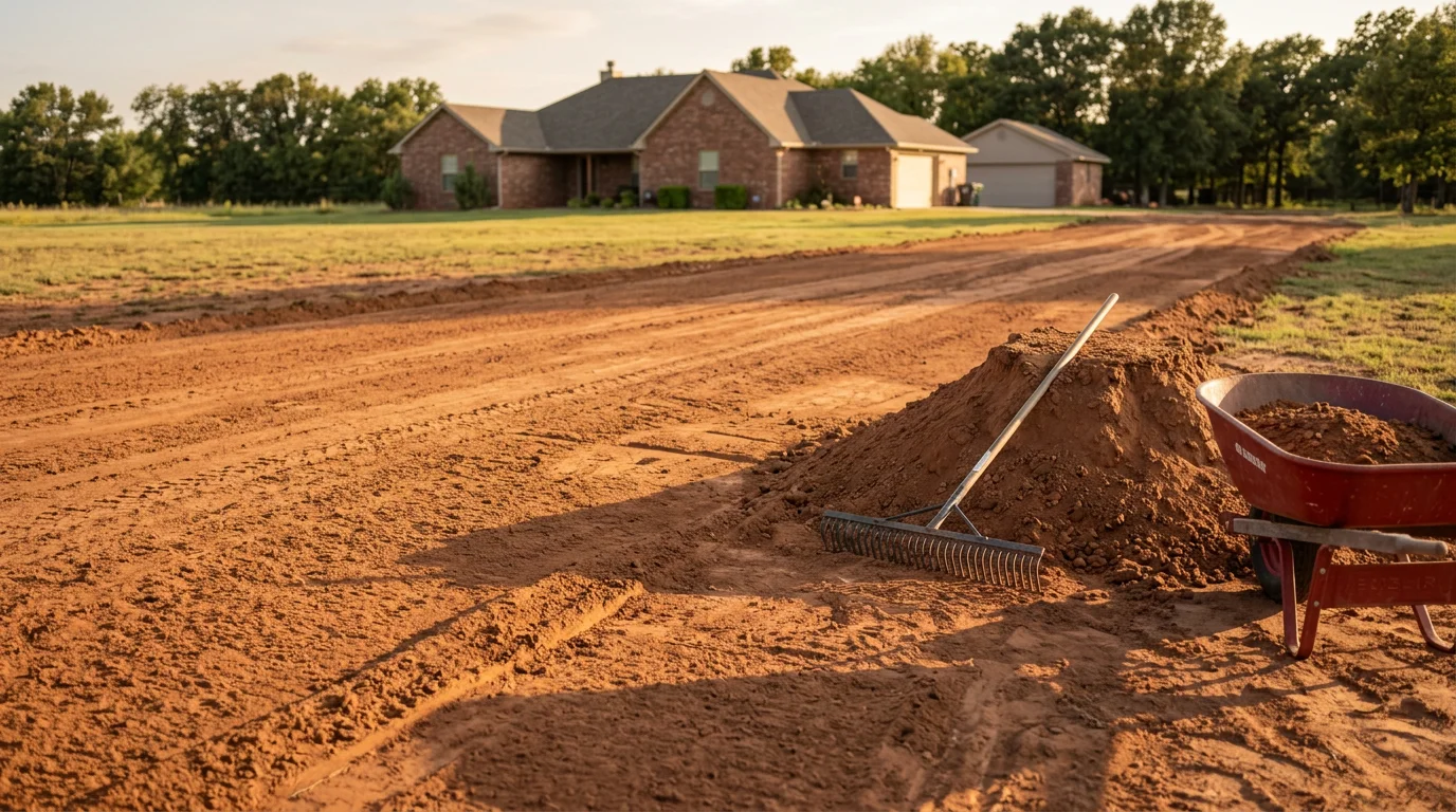 A freshly graded and compacted gravel driveway on a residential property in Jones, Oklahoma, with a smooth surface and defined edges leading to a home. The surrounding landscape shows the flat to gently rolling terrain typical of Oklahoma County.