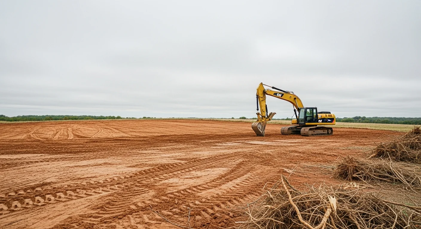 A Jones, Oklahoma residential lot after professional land clearing, showing a flat graded surface with stumps and brush removed and bare soil ready for construction. Heavy excavating equipment sits at the edge of the cleared property against an open Oklahoma sky.