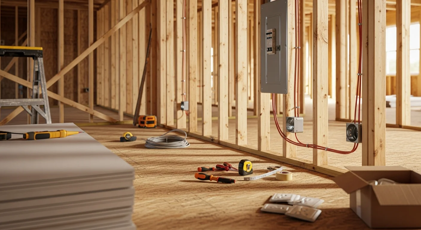 Licensed electrician running new construction wiring through wall studs inside a framed residential home in Jones, Oklahoma. Electrical cables are routed through framing before insulation and drywall installation.