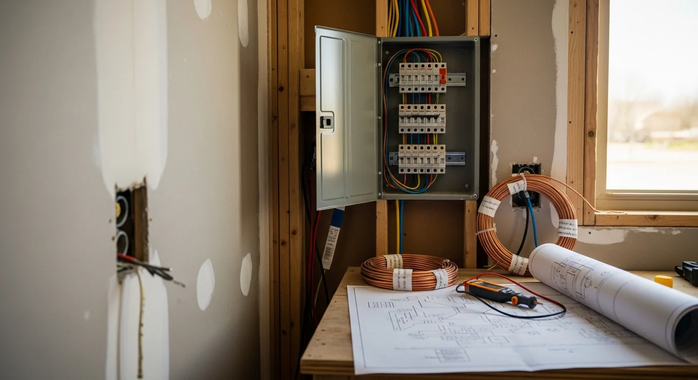 A licensed electrician from All-Pro Foundations installing a residential electrical panel inside a newly built home in Jones, OK. Wiring runs are neatly organized and labeled inside an open breaker box in a framed interior wall.