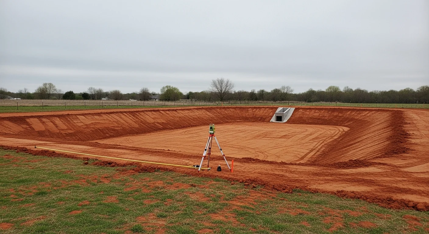 A freshly excavated retention pond on a residential property in Jones, Oklahoma, with shaped earthen berms and graded outlet area visible. Red clay soil surrounds the basin, showing active stormwater management work in progress.