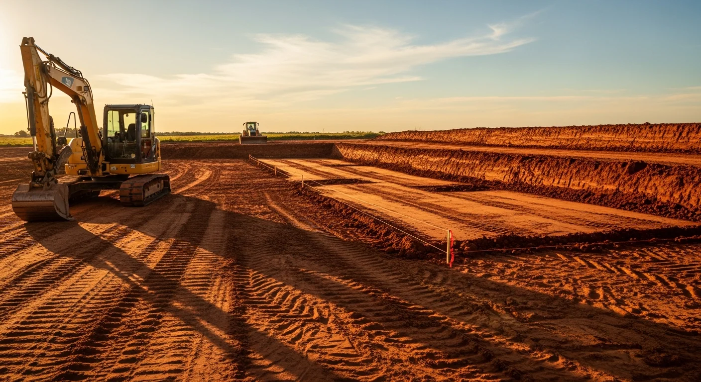 A bulldozer cutting and leveling a raw residential lot in Jones, Oklahoma, with red clay soil graded to a smooth slope. The site is cleared and ready for foundation work, with visible grade changes directing drainage away from the building pad.