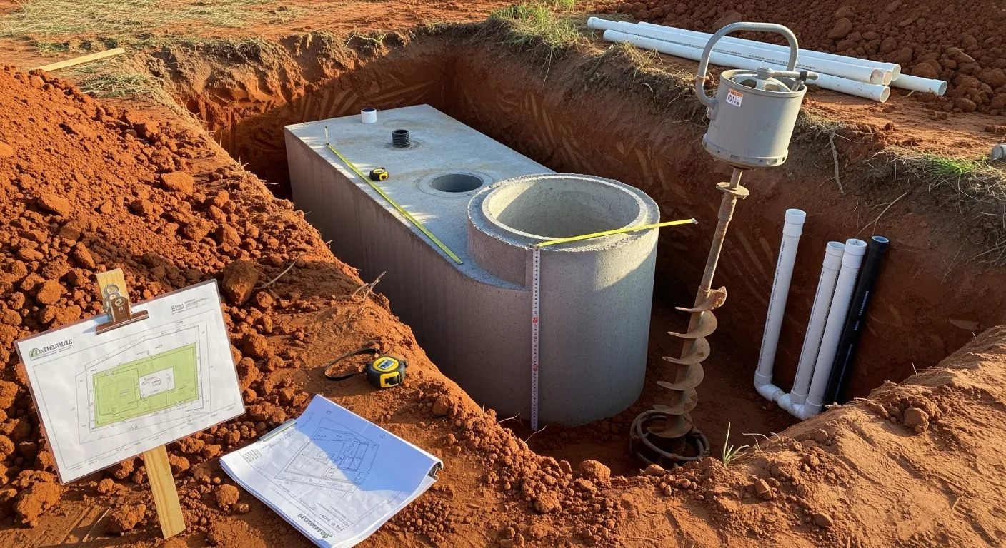 A newly installed septic system with a concrete tank and drainfield lines set in red clay soil on a residential property in Jones, Oklahoma. A DEQ-certified contractor inspects the installation site before backfilling.