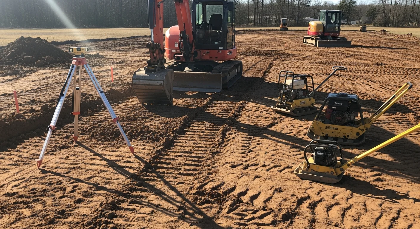 A cleared and graded residential building site in Jones, Oklahoma, with compacted soil and excavated foundation footprint ready for concrete work. Heavy equipment tracks are visible across the leveled red clay surface.