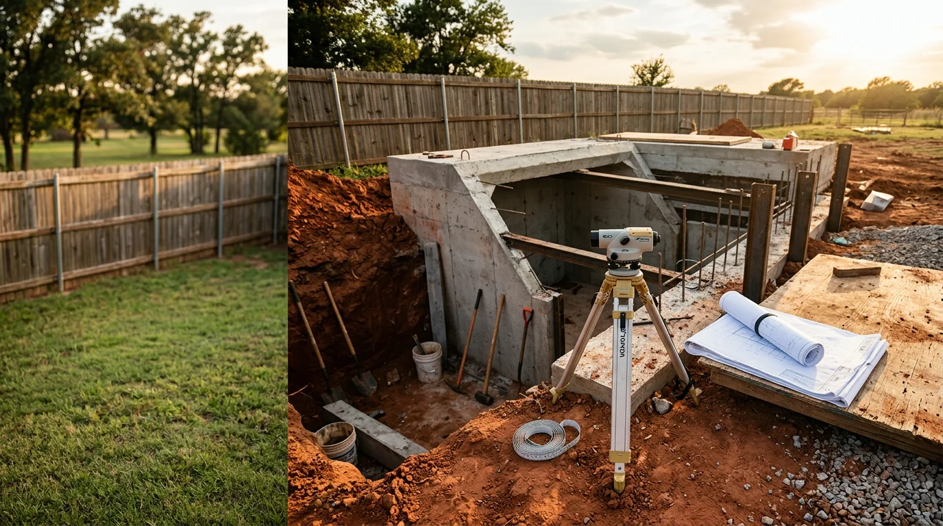 A completed below-ground storm shelter installed in a residential backyard in Jones, Oklahoma, with a flush-mounted hatch door set into a concrete surround. The surrounding yard shows central Oklahoma's flat terrain and open sky typical of Oklahoma County properties.