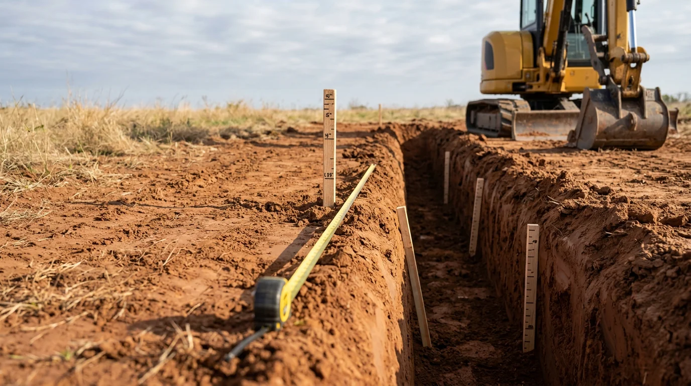 A clean, straight utility trench cut through red clay soil on a residential property in Jones, Oklahoma. An excavator sits alongside the open trench, ready for pipe installation.