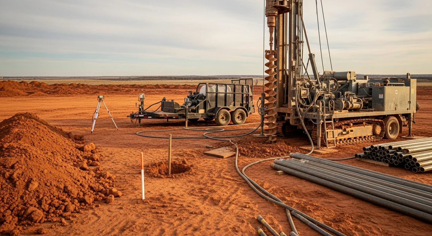 A water well drilling rig positioned on a rural residential lot in Jones, Oklahoma, with red clay soil visible around the borehole. The setup shows casing being placed into the ground against a clear Oklahoma sky.