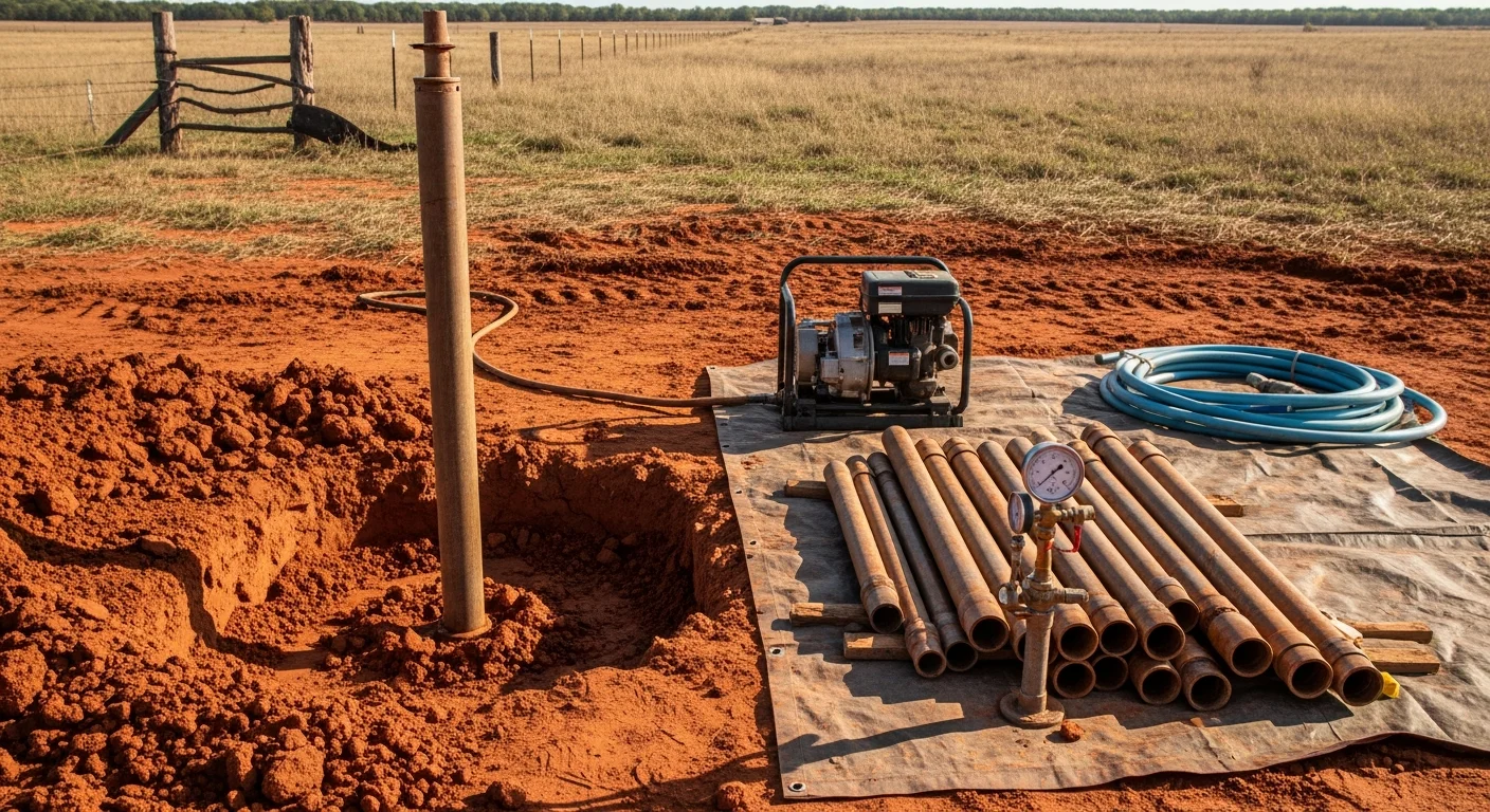 A newly installed residential water well with visible casing and pump equipment on a rural property in Jones, Oklahoma. Red clay soil surrounds the wellhead against a clear central Oklahoma sky.